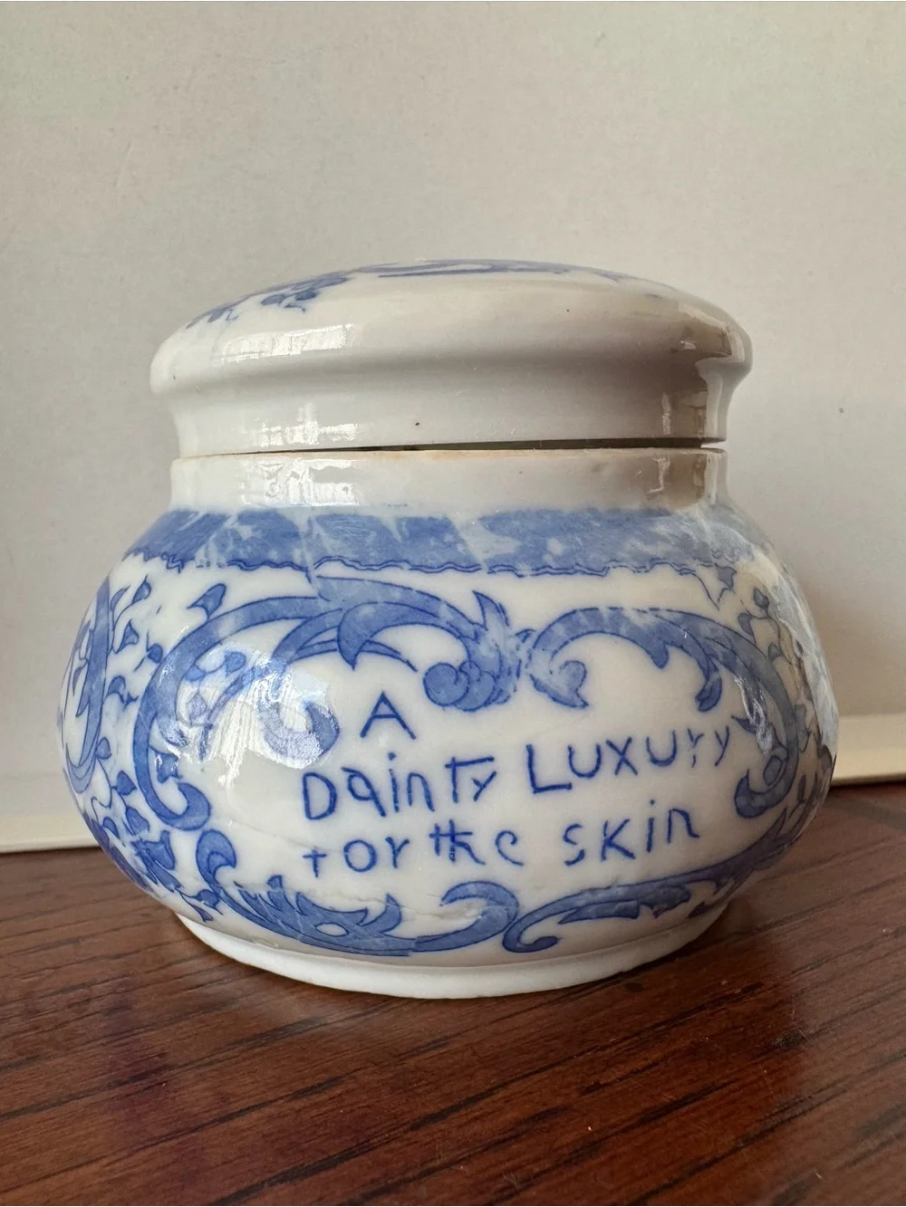 Antique Cobalt Blue Countie of Boston Magda Toilet Porcelain Cream Jar Pot Lid